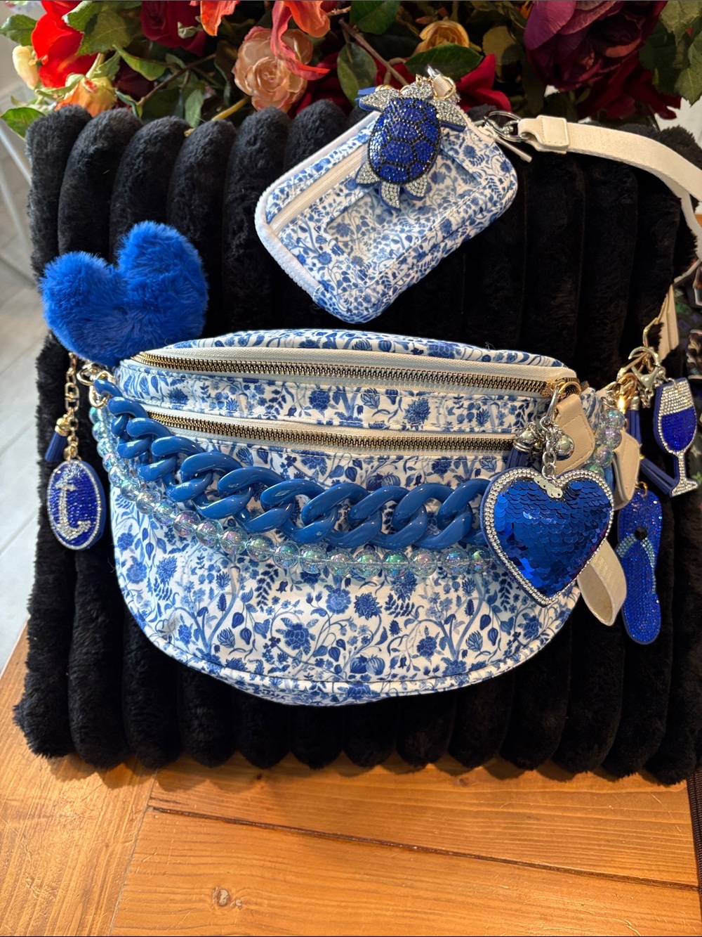 Blue Floral Crossbody Belt Bag with Charms